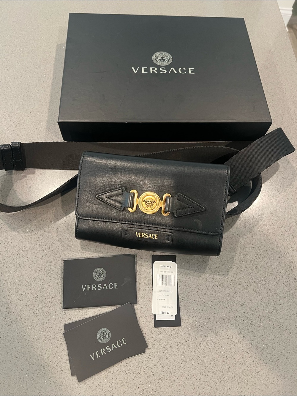 Versace Black Leather Belt Bag with Gold Medusa Accent